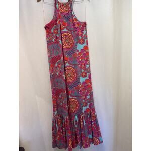 TRINA by Trina Turk Juju Flounce Tie Back Halter Maxi Dress Vibrant Colors Sz M